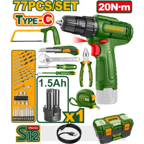 JUEGO DE 77 PIEZAS CON ATORNILLADOR 12V 20NM (C) JADEVER